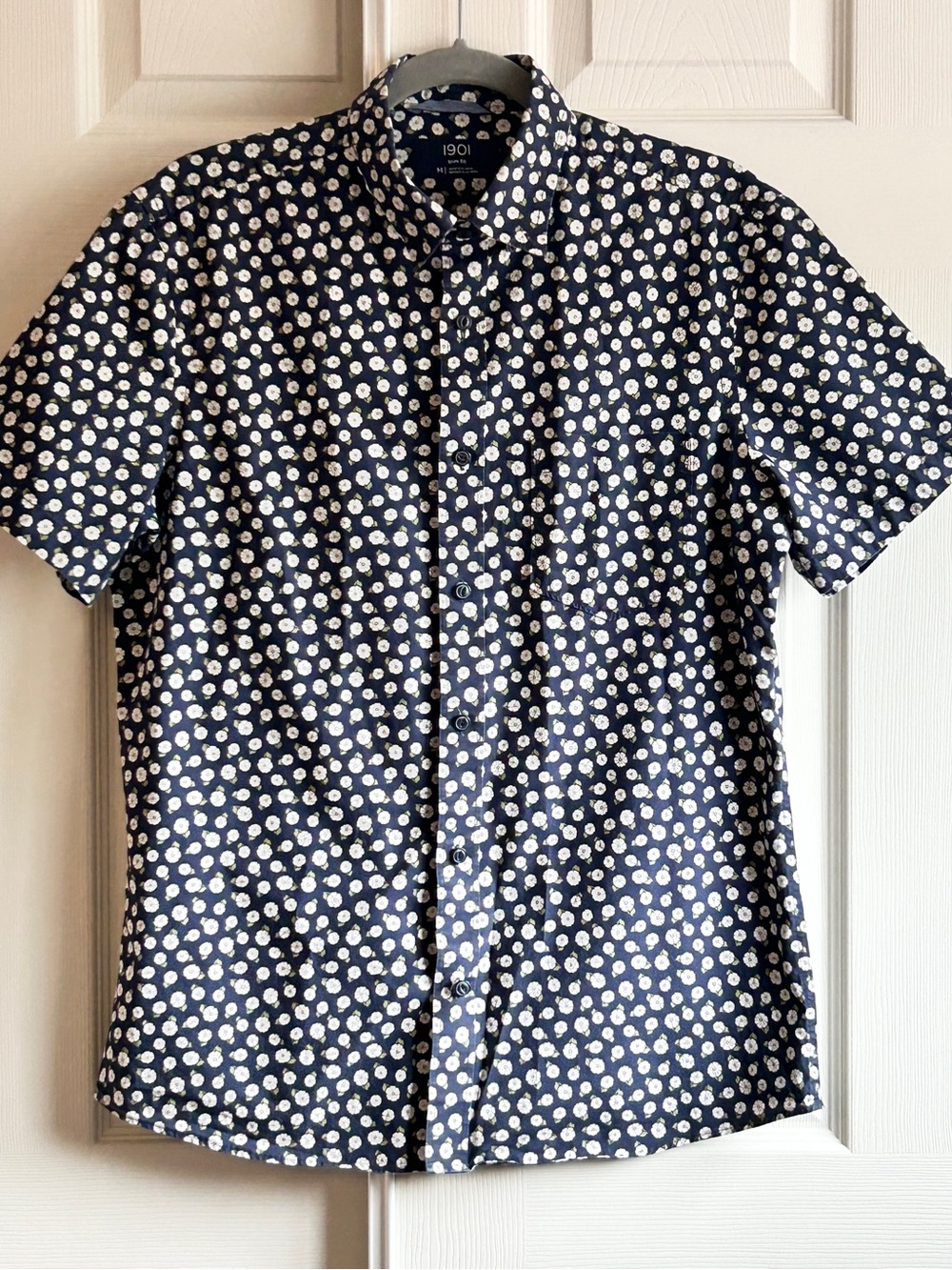 1901 Nordstrom Men’s Medium Trim Fit Floral Short Sleeve Button Down Shirt Blue